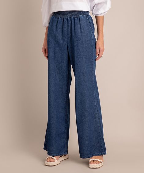 Calça Jeans Pantalona Wide Clochard Cintura Alta Alfaiatada  Azul Médio