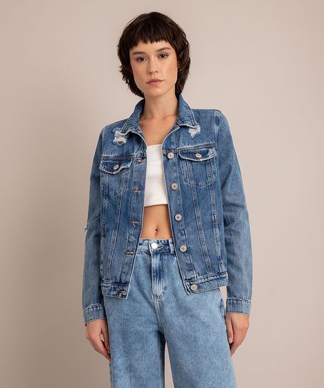 Jaqueta Jeans Destroyed Azul Médio