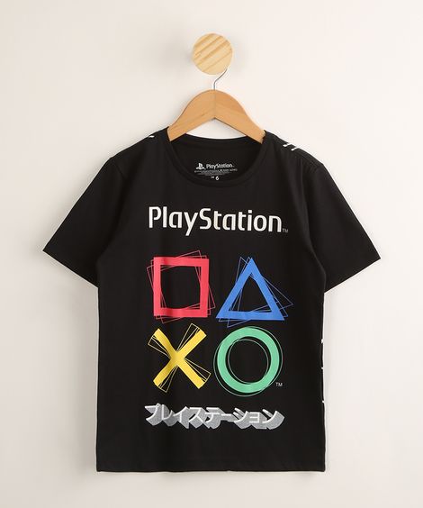 Camiseta Infantil PlayStation Manga Curta Preta