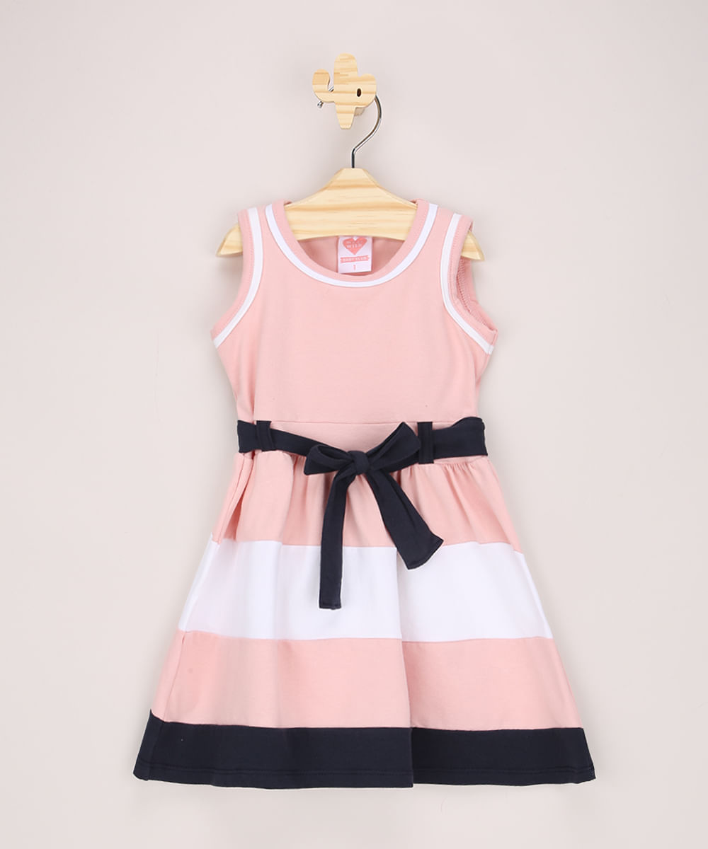 Vestido Infantil com Recortes e Faixa Para Amarrar Sem Manga Rosa Claro Menor preço em Vestido Infantil com Recortes e Faixa Para Amarrar Sem Manga Rosa Claro