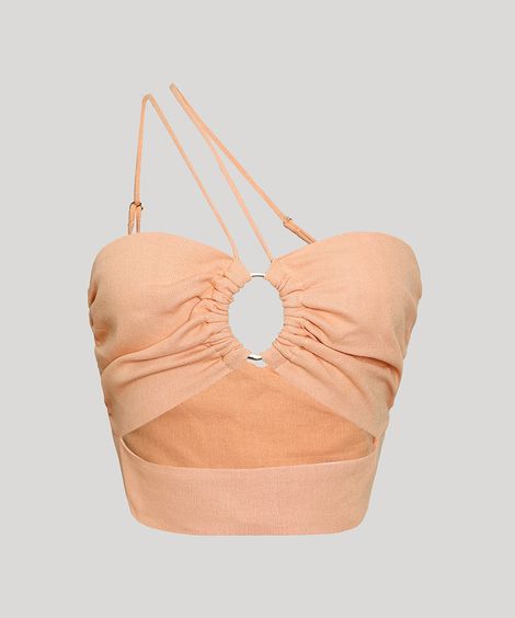 Regata Cropped Cut Out com Argola e Franzido Alça Fina Decote Coração Coral