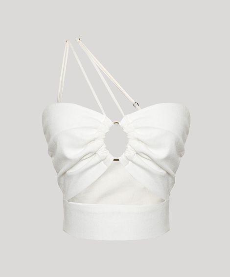 Regata Cropped Cut Out com Argola e Franzido Alça Fina Decote Coração Coral - OFF WHITE