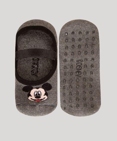 Meia Sapatilha com Elástico Mickey Antiderrapante Cinza Mescla
