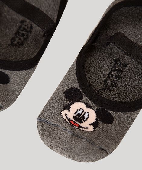 Meia Sapatilha com Elástico Mickey Antiderrapante Cinza Mescla
