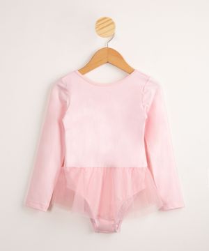 Body Infantil Ballet com Saia Tule Manga Longa Rosa Claro