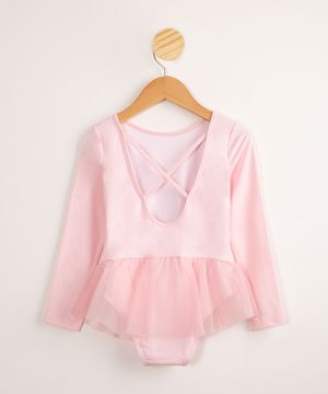 Body Infantil Ballet com Saia Tule Manga Longa Rosa Claro