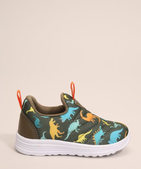 Tênis Infantil Esportivo Estampado Dinossauros Baby Club Verde Militar