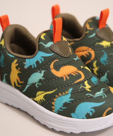 Tênis Infantil Esportivo Estampado Dinossauros Baby Club Verde Militar