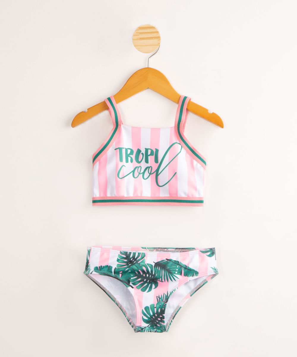 Biquini infantil Halter Neck Tropicool Estampado Folhagens e Listrado com Proteção UV50+ Multicor Menor preço em Biquini infantil Halter Neck Tropicool Estampado Folhagens e Listrado com Proteção UV50+ Multicor