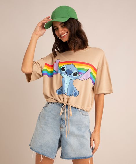 blusa cropped de moletom com amarração lilo stitch arco íris manga curta decote redondo  bege