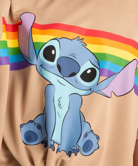 blusa cropped de moletom com amarração lilo stitch arco íris manga curta decote redondo  bege