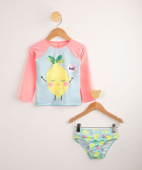 Conjunto Blusa de Praia Infantil Estampa Limão + Calcinha Proteção UV50+ Azul Claro