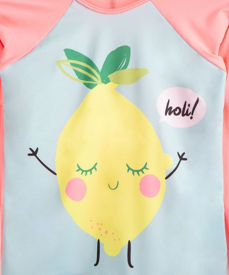 Conjunto Blusa de Praia Infantil Estampa Limão + Calcinha Proteção UV50+ Azul Claro