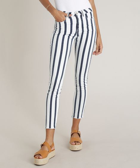 Calça de Sarja Feminina Skinny Listrada Branca