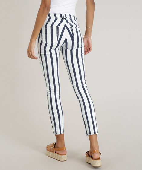Calça de Sarja Feminina Skinny Listrada Branca