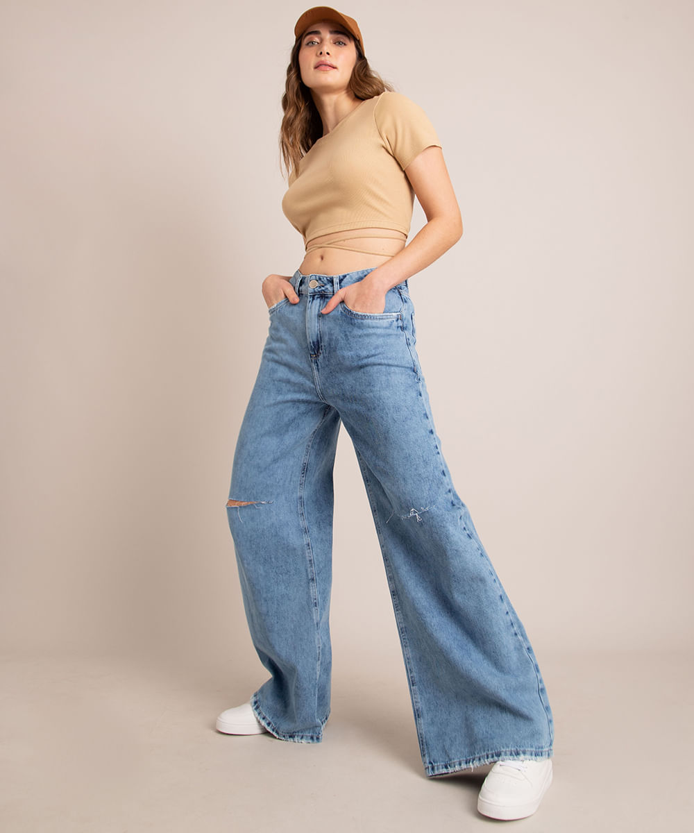 Calça Wide Jeans com Rasgos Cintura Baixa Azul Médio é boa?