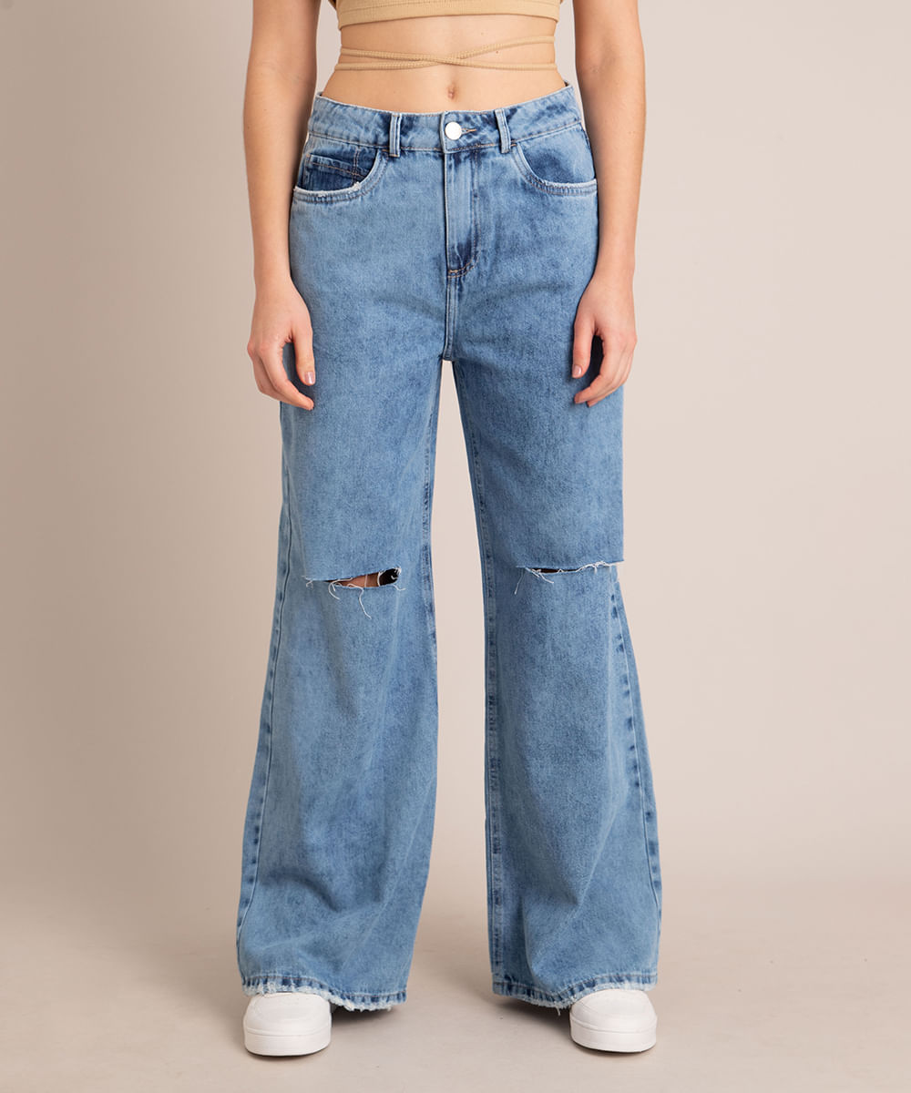 Calça <em>wide</em> jeans com rasgos, da C&A
