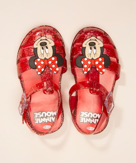 sandália infantil com glitter minnie vermelha