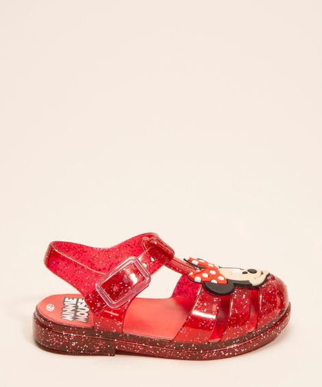 sandália infantil com glitter minnie vermelha