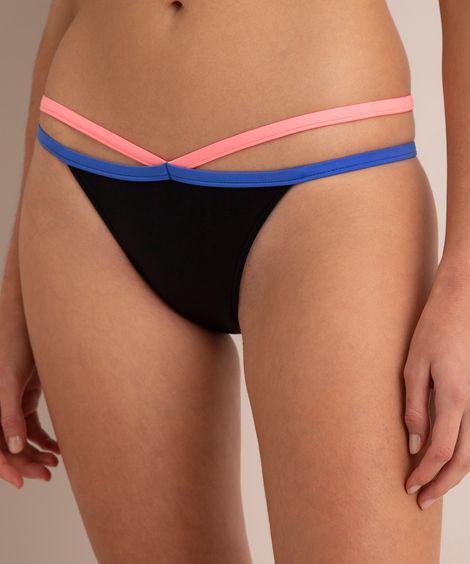 biquíni calcinha tanga com tiras coloridas e proteção uv50+ preto