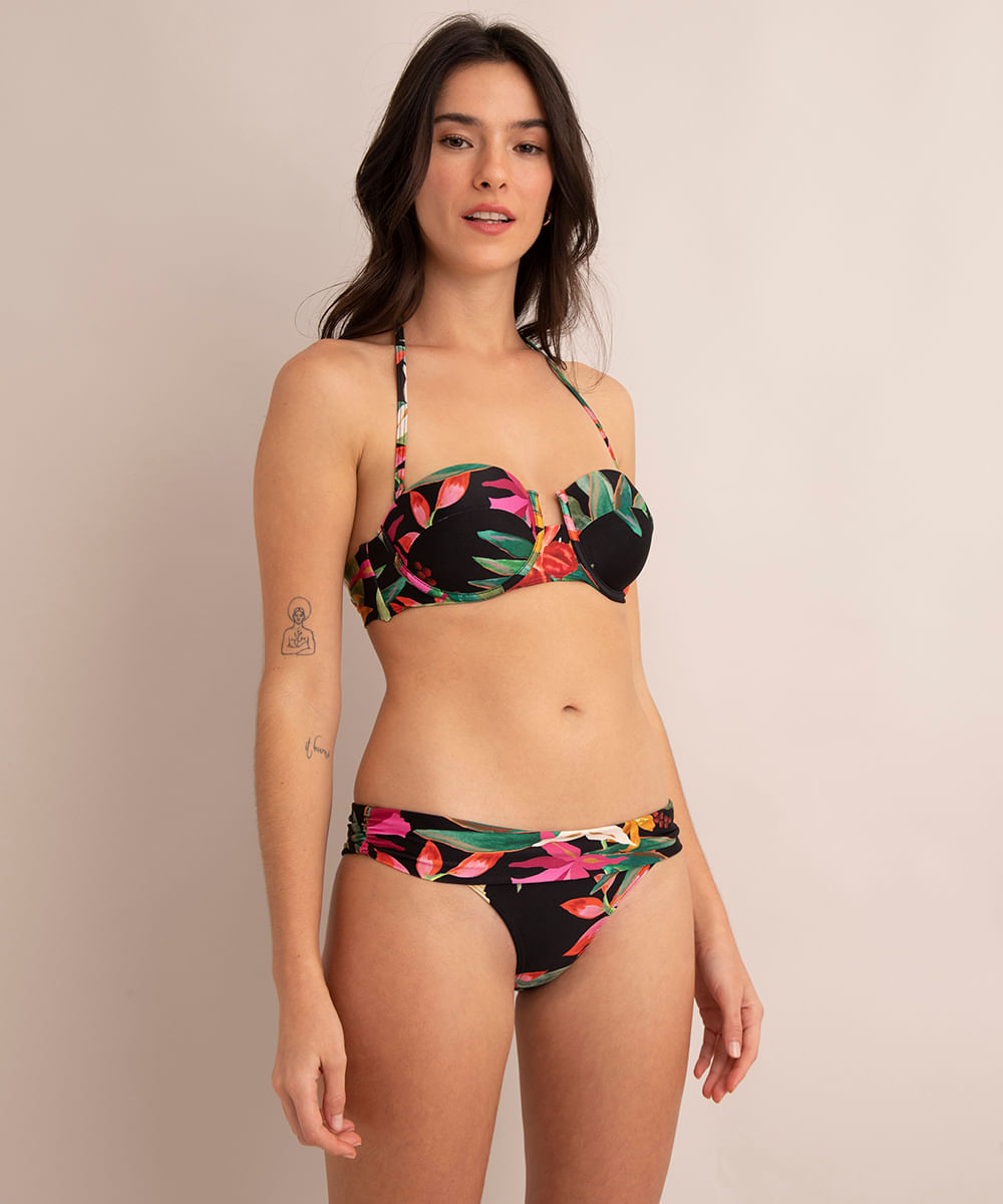 biquíni calcinha tanga estampada floral com proteção uv50+ preta Menor preço em biquíni calcinha tanga estampada floral com proteção uv50+ preta