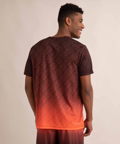 camiseta raglan esportiva estampada grafismos com degradê manga curta gola careca laranja