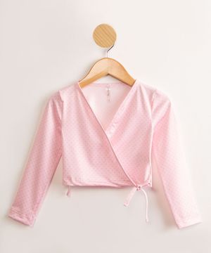 Blusa Cropped Infantil  de Ballet Estampada Poá Manga Longa Rosa Claro