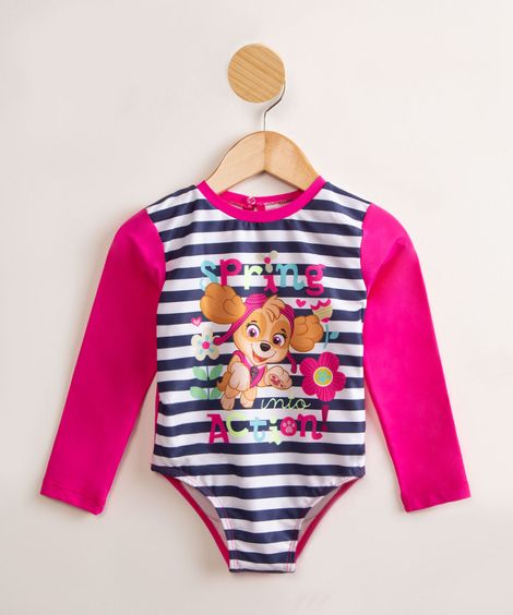 maiô body infantil patrulha canina manga longa proteção ev50+ Rosa