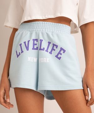 short de moletom com bolsos live life new york azul claro