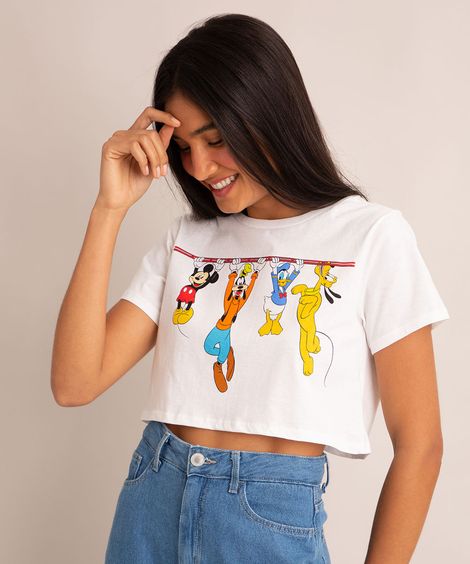 camiseta cropped turma do mickey manga curta decote redondo off white