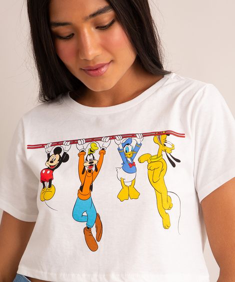 camiseta cropped turma do mickey manga curta decote redondo off white
