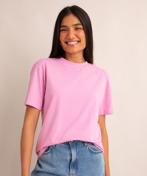 camiseta de algodão básica manga curta gola alta - rosa