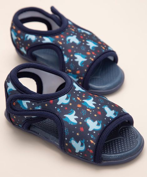 sandália infantil estampada tubarão com velcro pimpolho azul marinho