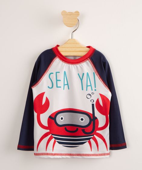 camiseta de praia raglan infantil caranguejo manga longa proteção uv50+ branca