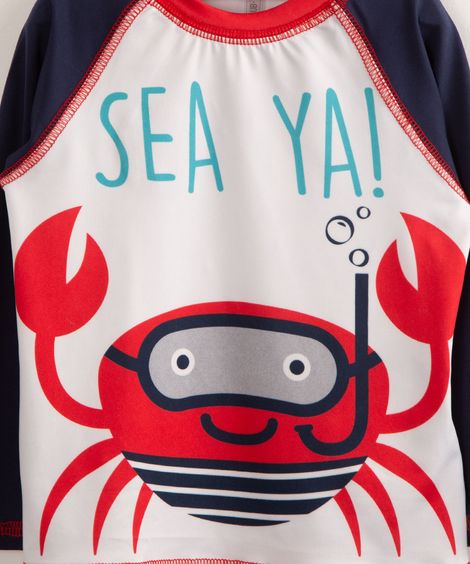 camiseta de praia raglan infantil caranguejo manga longa proteção uv50+ branca
