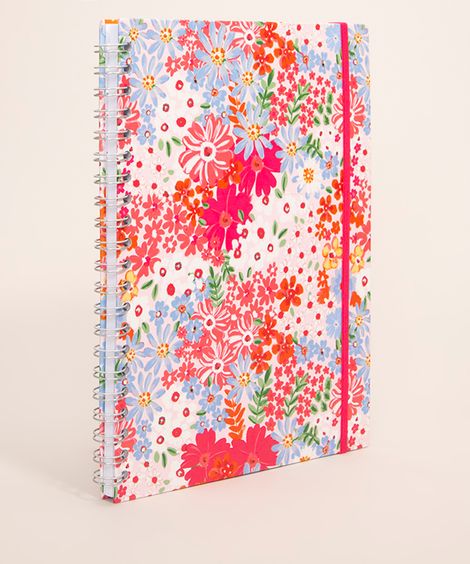 caderno capa dura espiral estampado floral 20 cm x 28 cm rosa