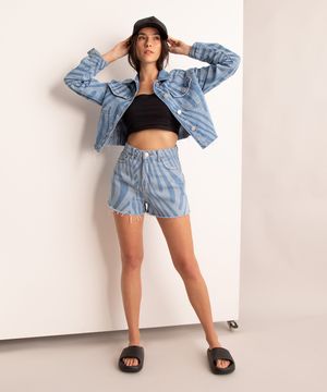 short mom jeans estampado psicodélico cintura super alta azul claro