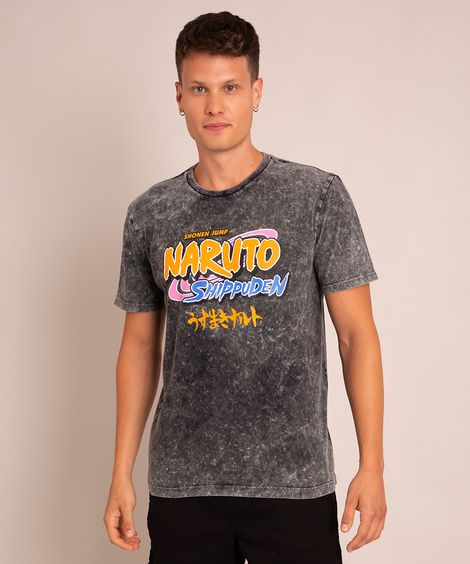 camiseta de algodão marmorizada naruto manga curta gola careca chumbo
