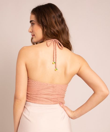 blusa cropped frente única halter neck de renda bege