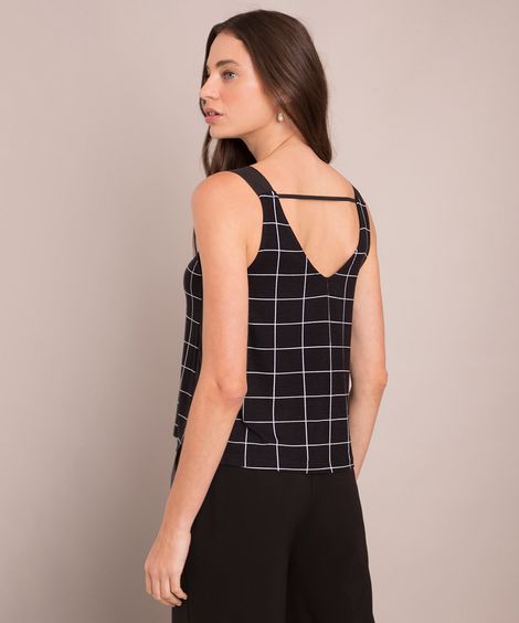 regata alça média decote v estampado quadriculado  preto