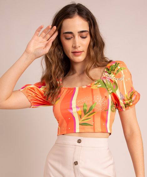 blusa cropped estampada tropical manga bufante decote reto laranja