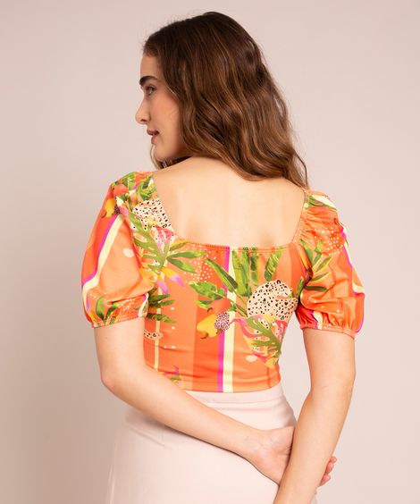 blusa cropped estampada tropical manga bufante decote reto laranja