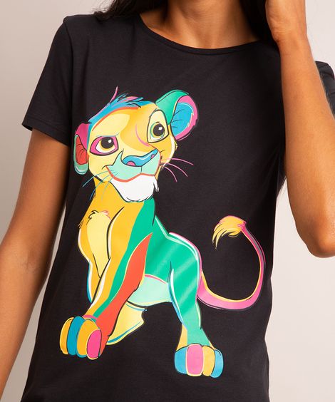 camiseta de algodão estampada o rei leão manga curta decote redondo preta