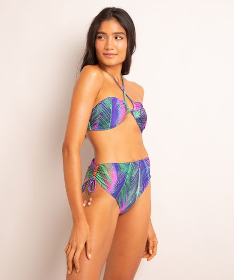 biquíni hot pant estampado folhagem amarração com proteção UV50+ azul