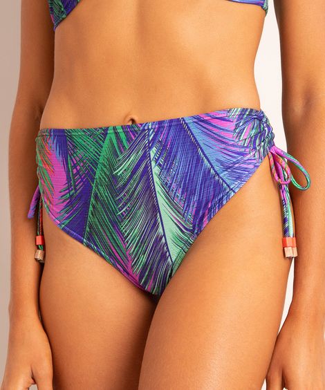 biquíni hot pant estampado folhagem amarração com proteção UV50+ azul