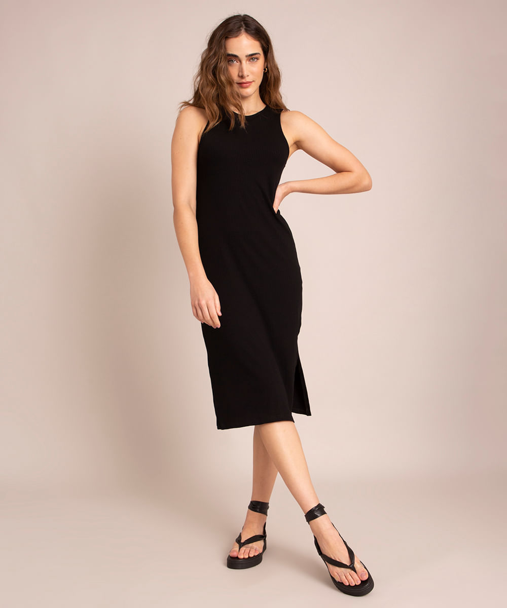 Vestido preto midi canelado, da C&A