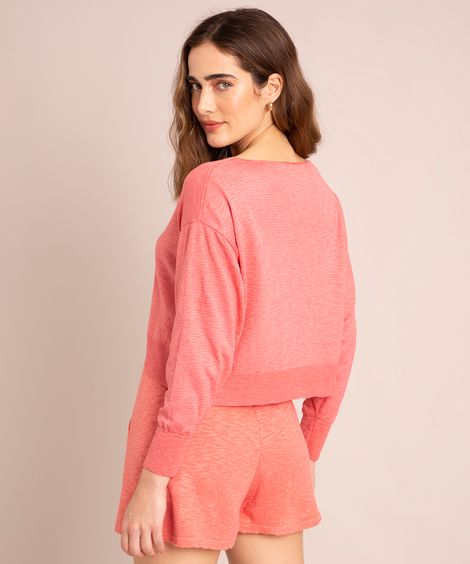 Suéter Cropped de Tricô Decote Redondo Coral