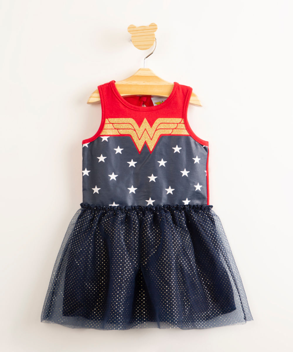 Menor preço em vestido infantil com tule mulher maravilha sem manga vermelho