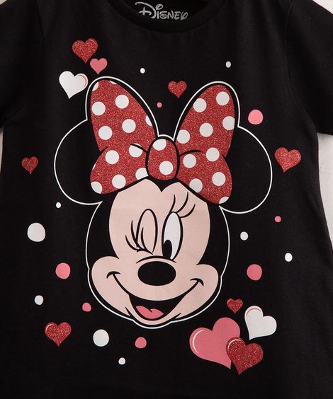 blusa infantil minnie e margarida com glitter manga curta preta