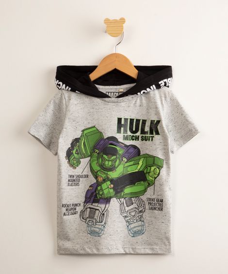 camiseta infantil hulk mechstrike manga curta com capuz cinza mescla